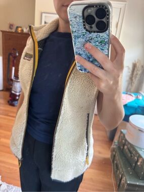 L.L. Bean Cream Sherpa Fleece Vest with Yellow Trim